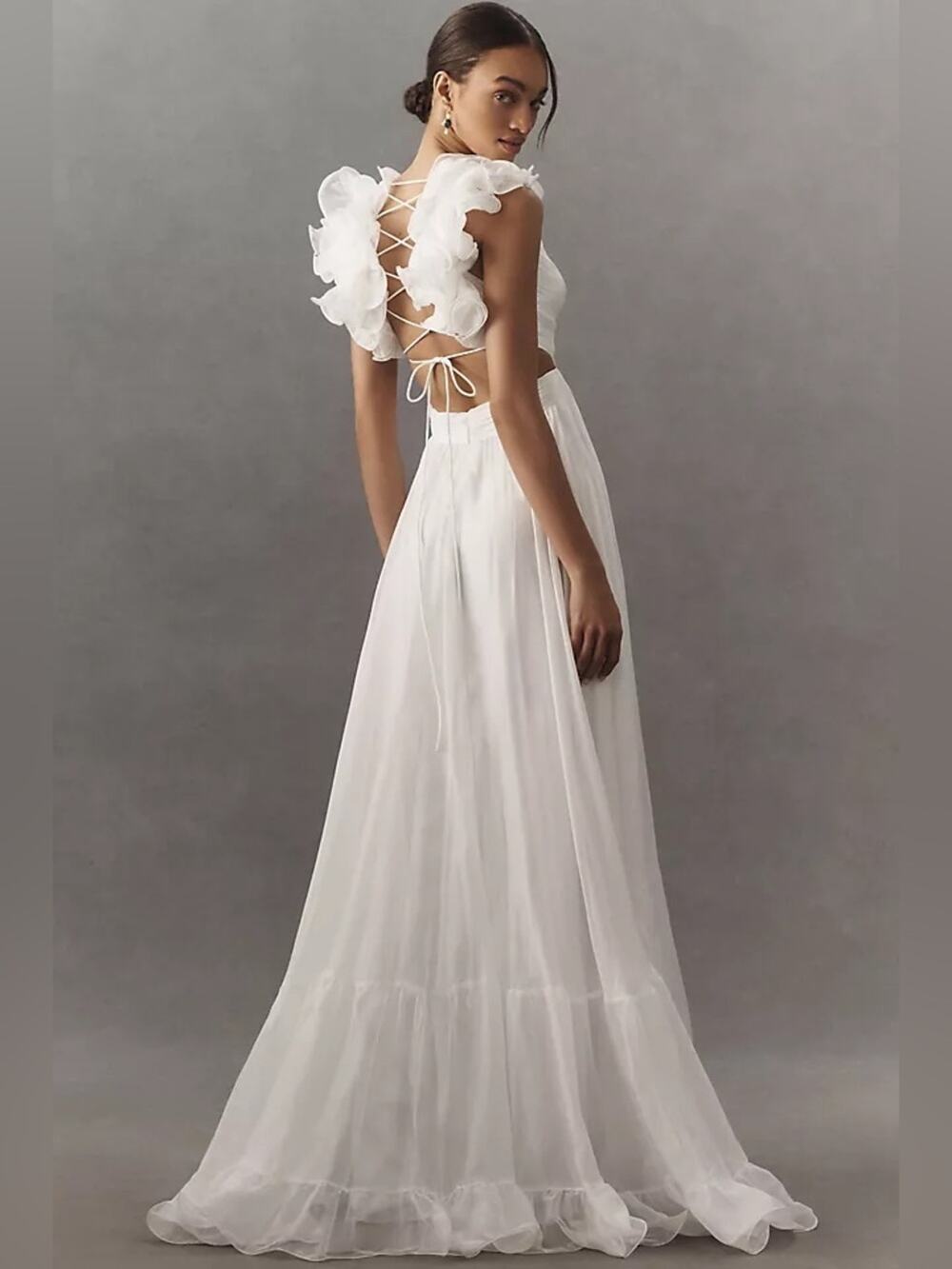 Mac Duggal White Ruffle Tiered Cut-Out Chiffon Gown 10